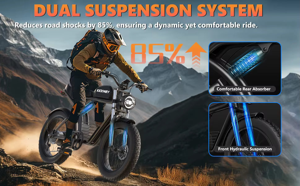 Person riding an electric bicycle on a mountainous road with text about dual suspension system benefits