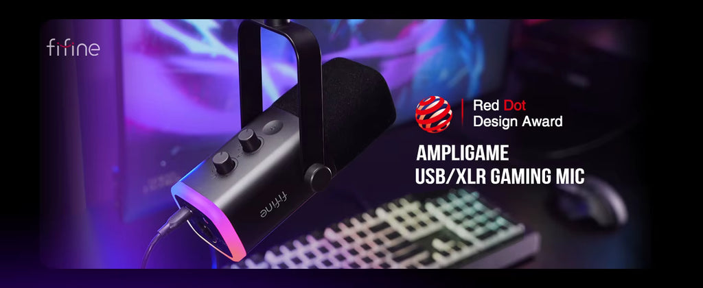 Comprehensive streaming kit layout featuring the FIFINE AM8 microphone and accessories
