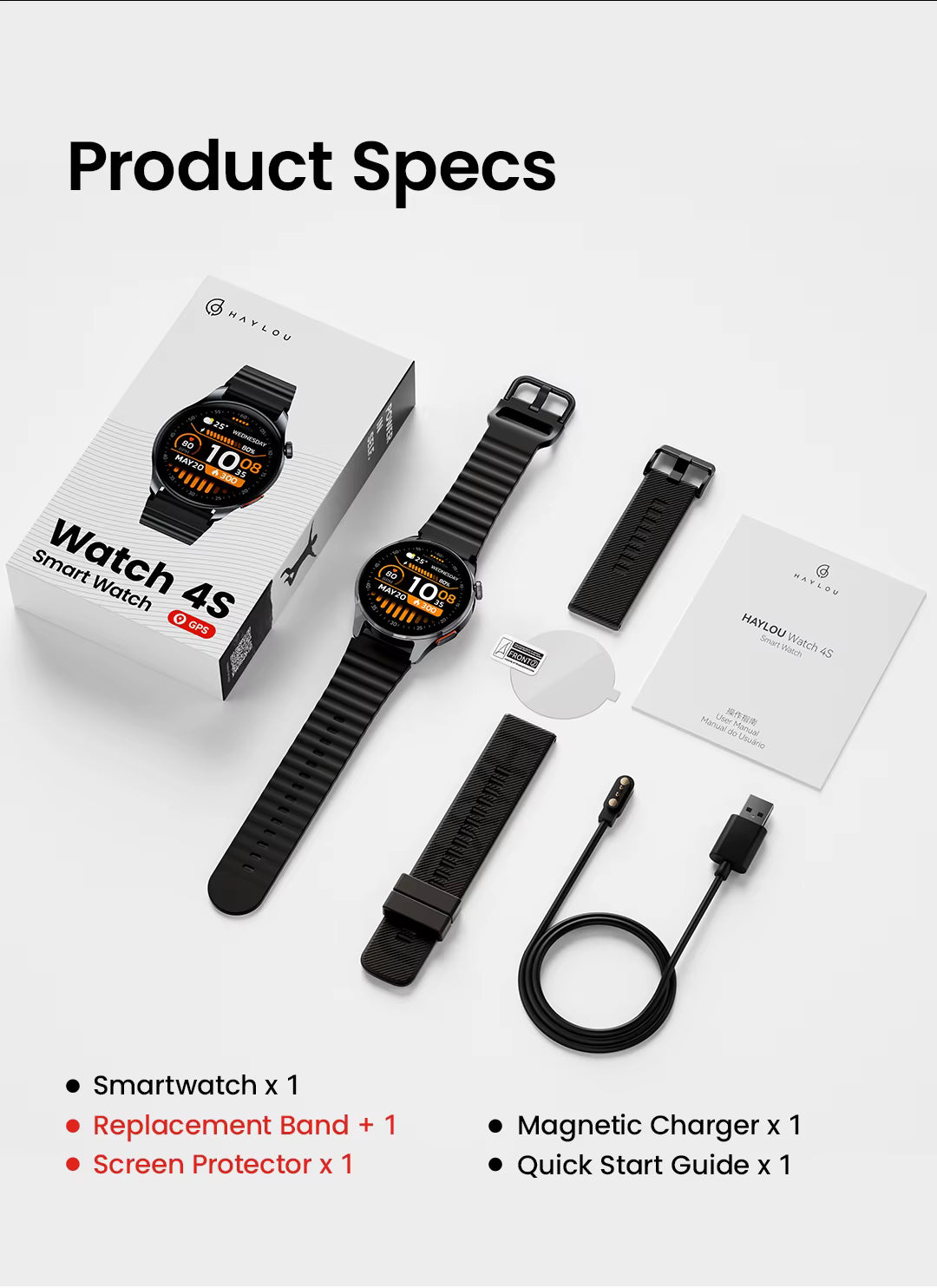 Product specifications layout showing a black smartwatch, its retail box, a replacement band, a screen protector, a USB charging cable, and a quick start guide on a light gray background with the heading 'Product Specs'.