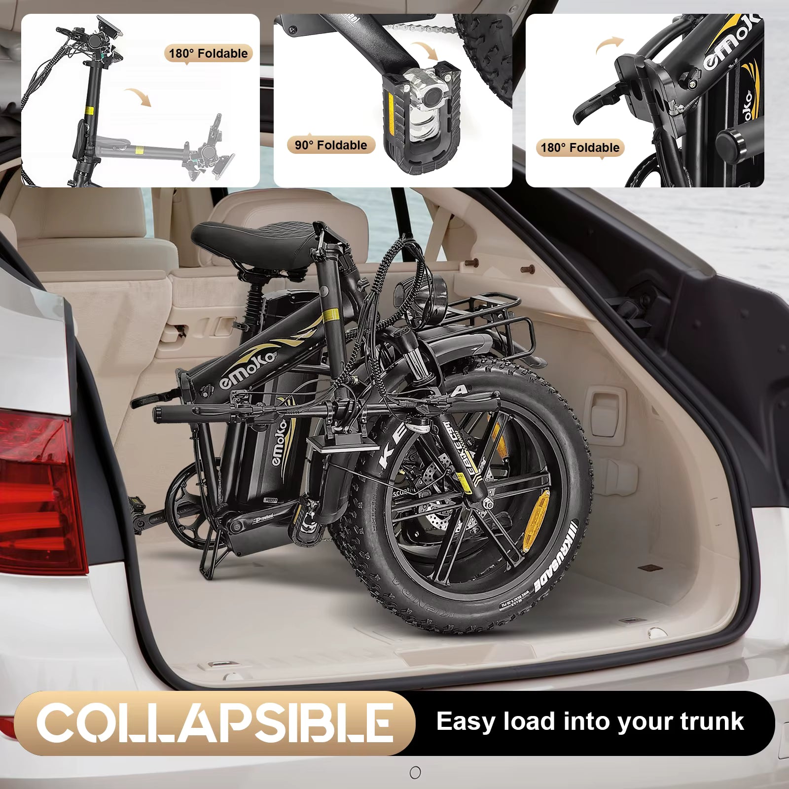 EMOCO 1000W electric bicycle Collapsible bike rack with an electric bicycle inside a car trunk, showing folding mechanisms.