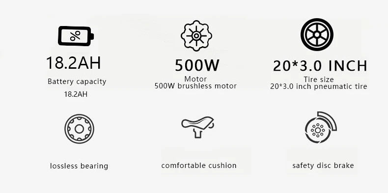 Technical specifications of AVAKA BZ20 PLUS Foldable E‑bike with icons and text on a white background