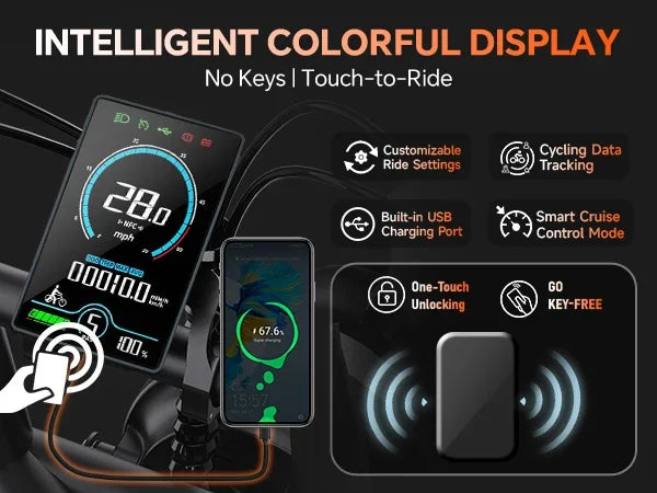 electric bicycle TESWAY X5 AWD  LCD display with digital interface and smartphone app, featuring customizable ride settings and key-free unlocking.