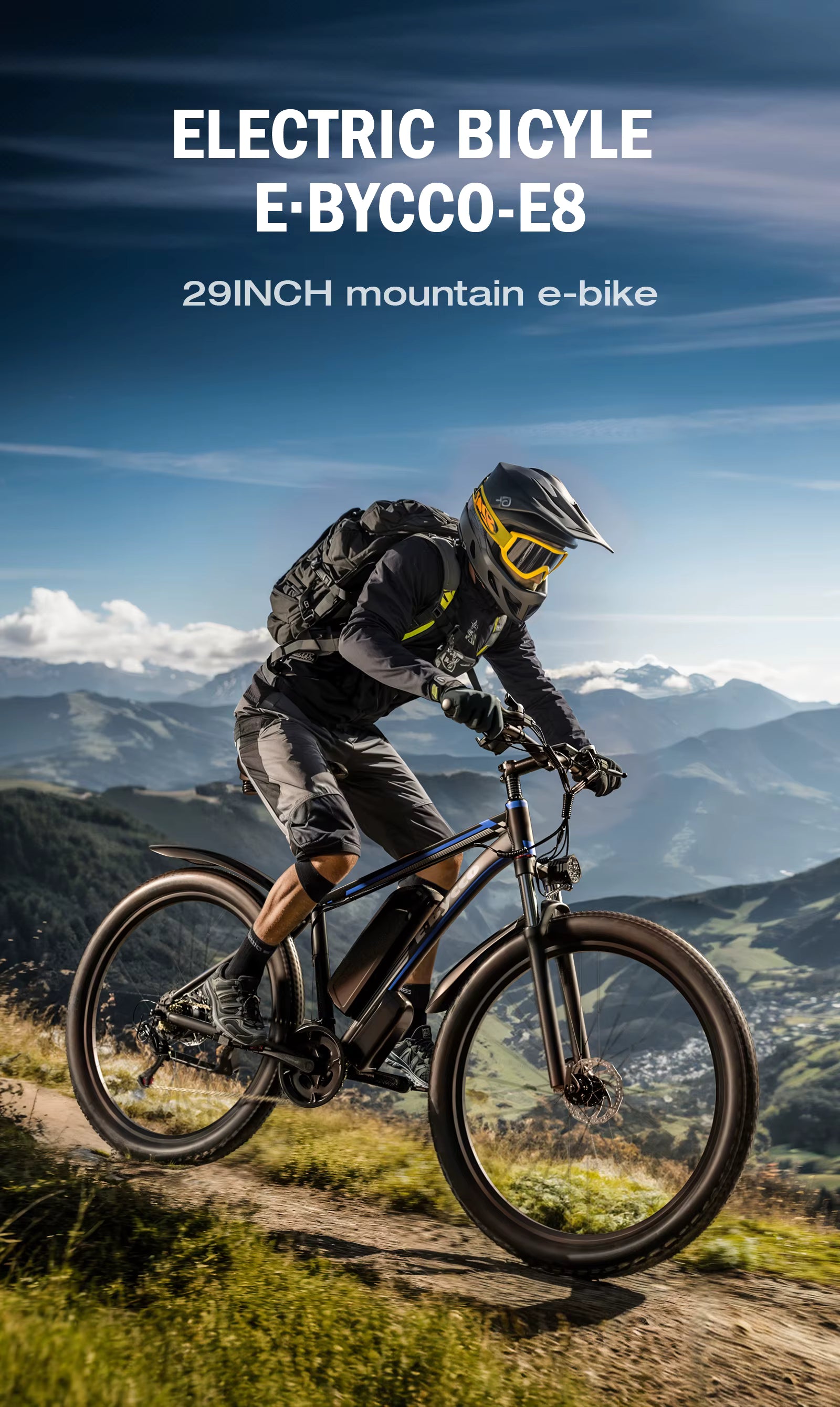 Person riding an electric bicycle on a mountain trail with text about the E-BYCCO-E8 model.