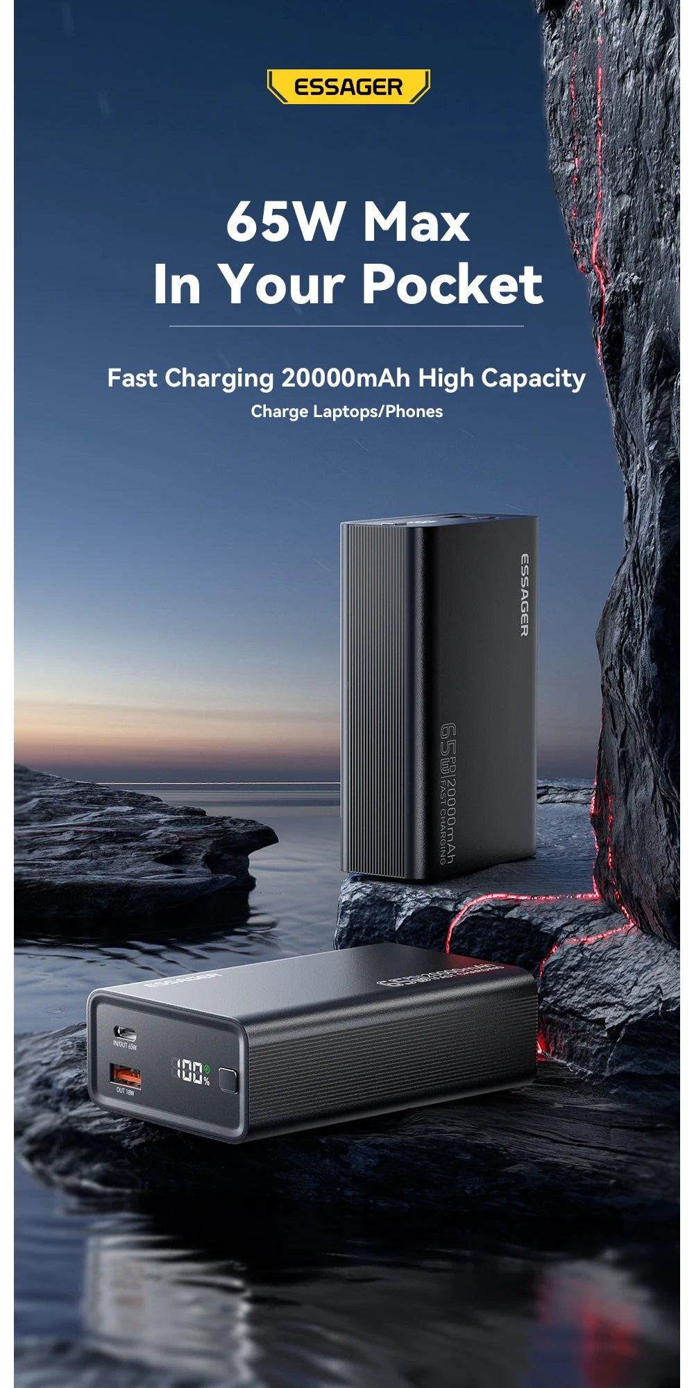 Portable power bank with charging cable on a rocky beach at sunset, featuring Essager brand.