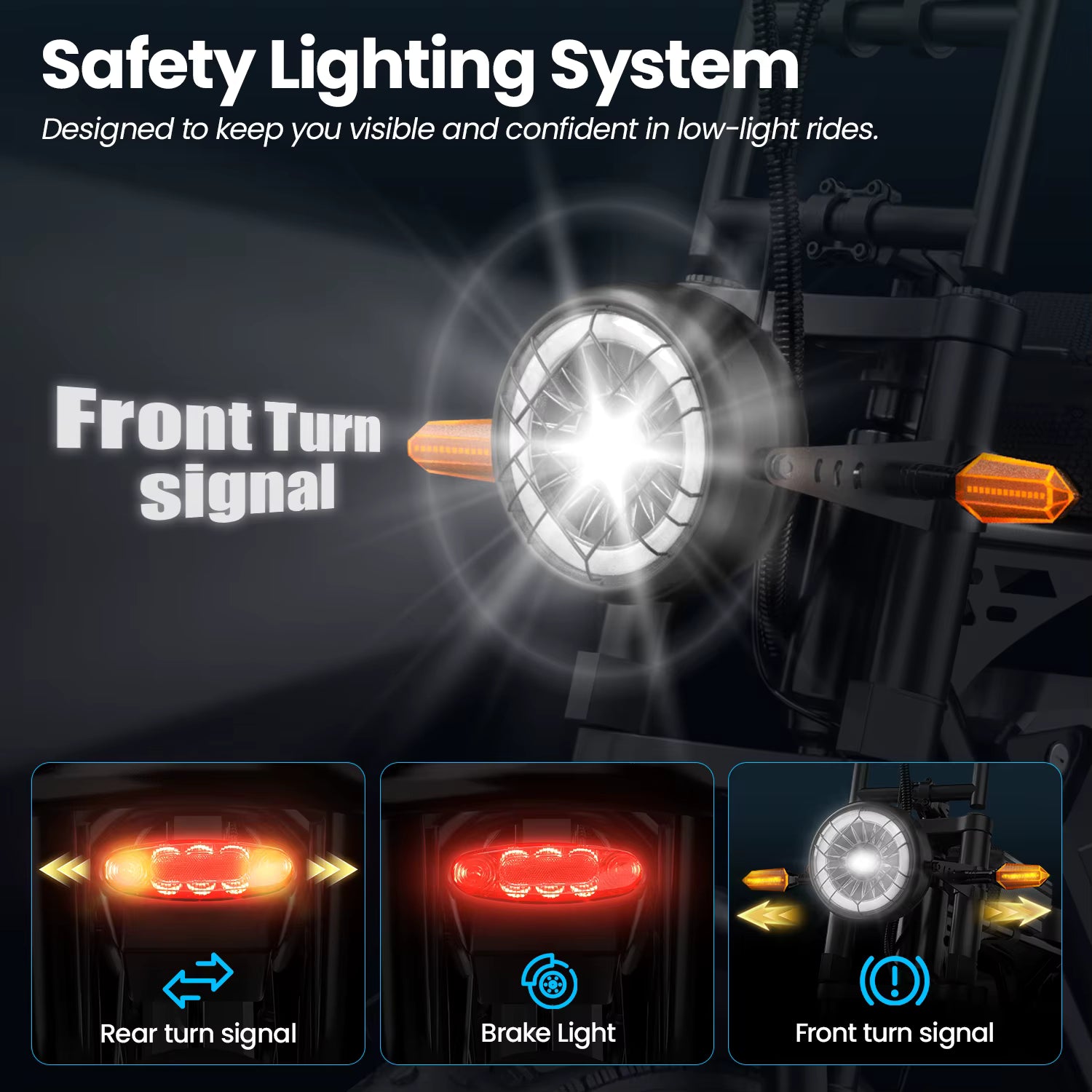 Safety lighting system for an electric bicycle with front turn signal, rear turn signal, brake light, and additional features.