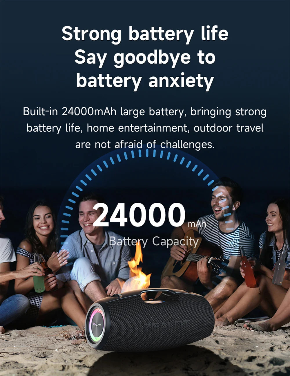 Portable speaker with 24000mAh battery capacity on a beach with people around, emphasizing strong battery life.