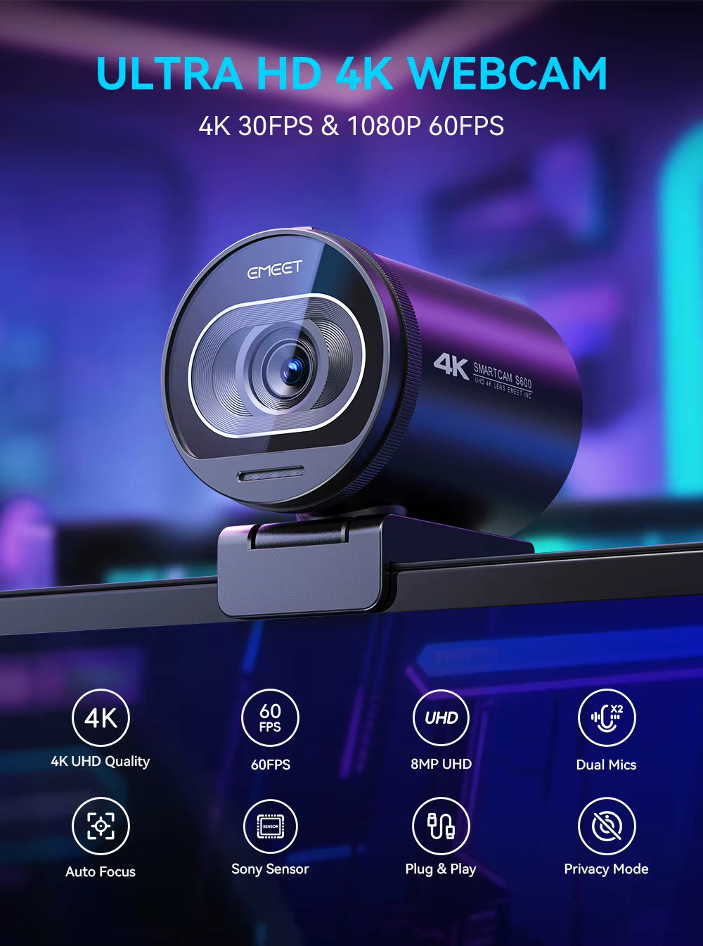 EMEET S600 4K web camera internal breakdown highlighting Sony Sensor, 8MP lens, and 6-layer anti-glare glass | VARELO