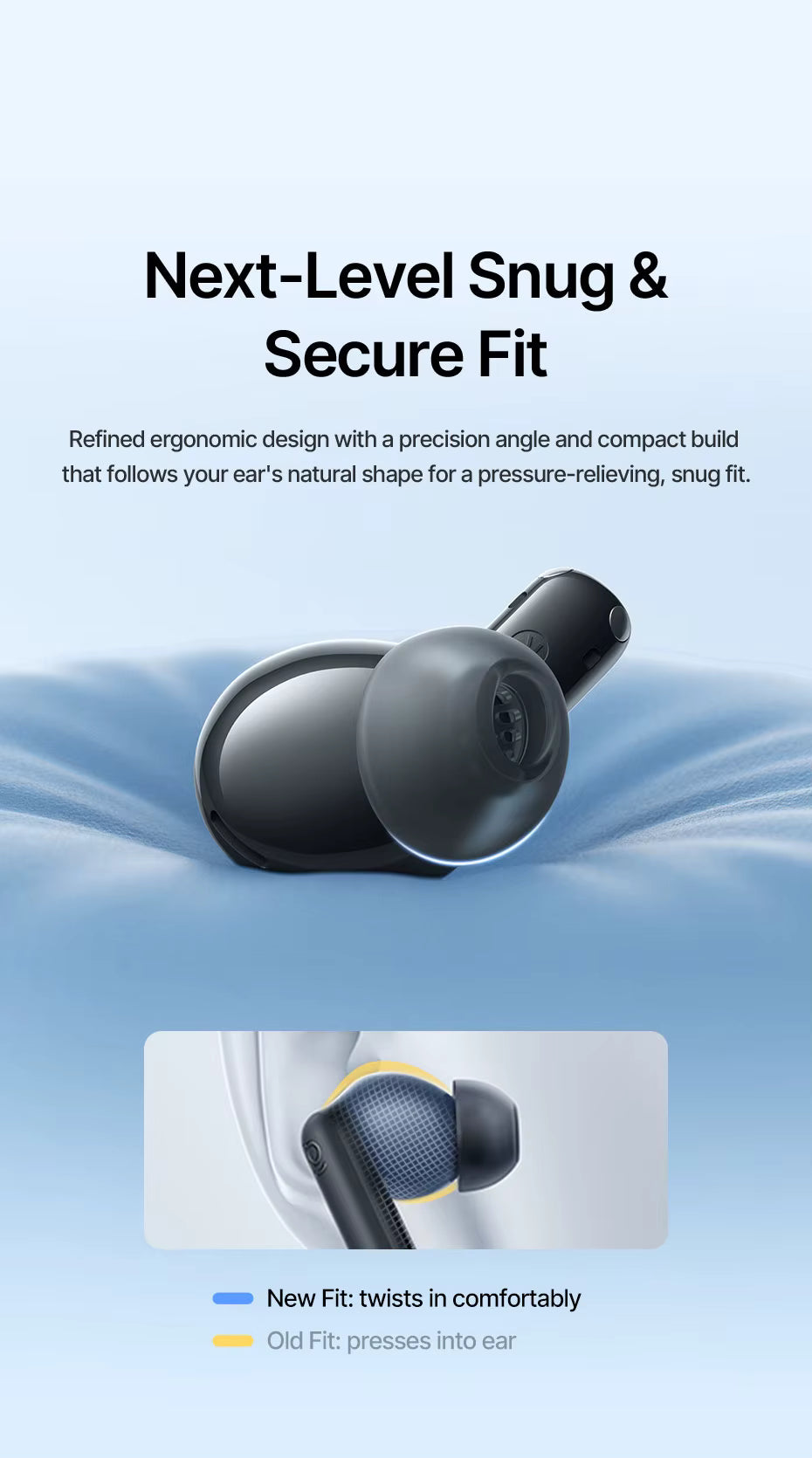 A pair of black Baseus wireless earbuds floating above a soft blue pillow, with marketing text reading 'Next-Level Snug & Secure Fit' and a small inset showing a close-up of the earbud's textured inner design.