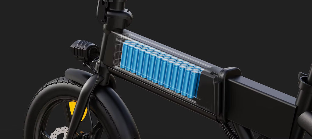 Close-up of a  DYU A1F Pro Folding E-Bike  electric bicycle with a blue battery pack on a black background