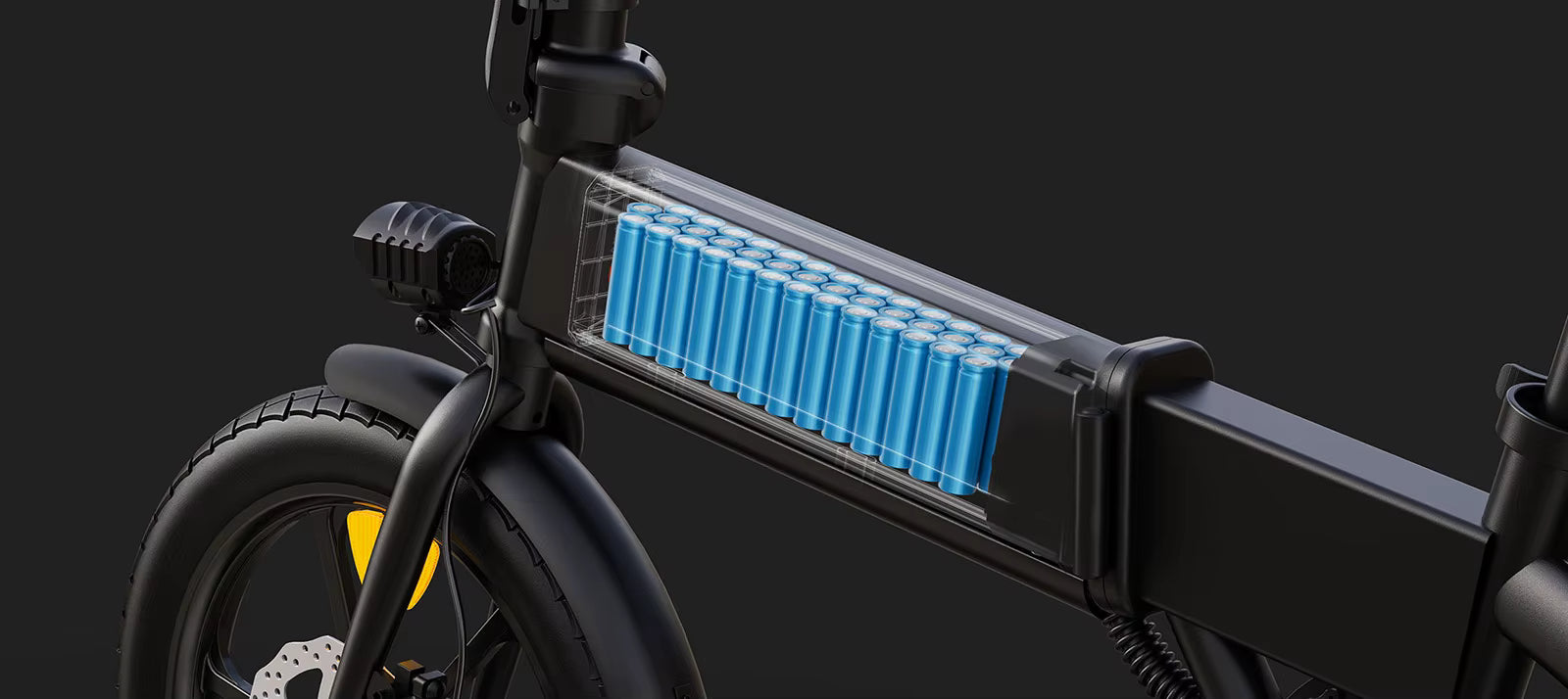 Close-up of a  DYU A1F Pro Folding E-Bike  electric bicycle with a blue battery pack on a black background