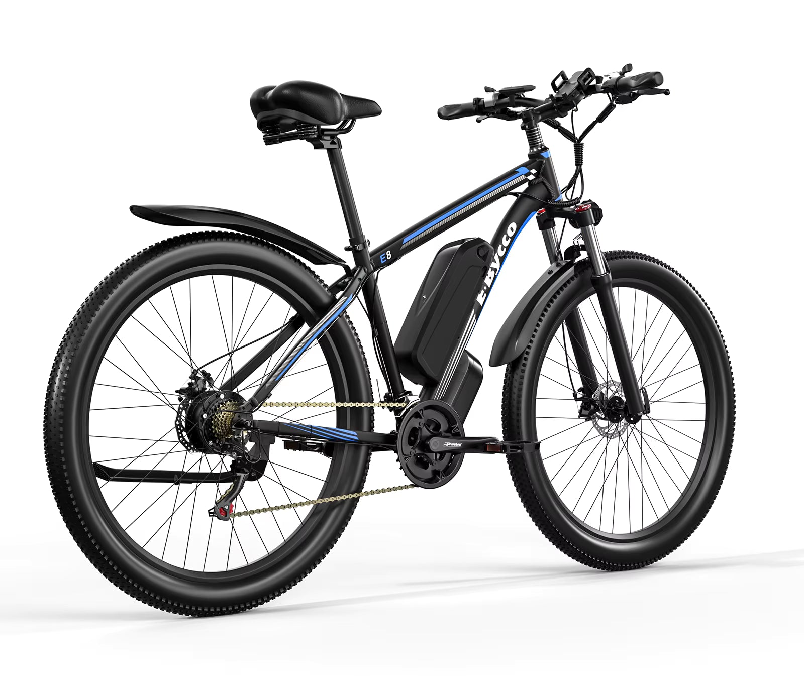 Black electric bicycle with blue accents on a white background