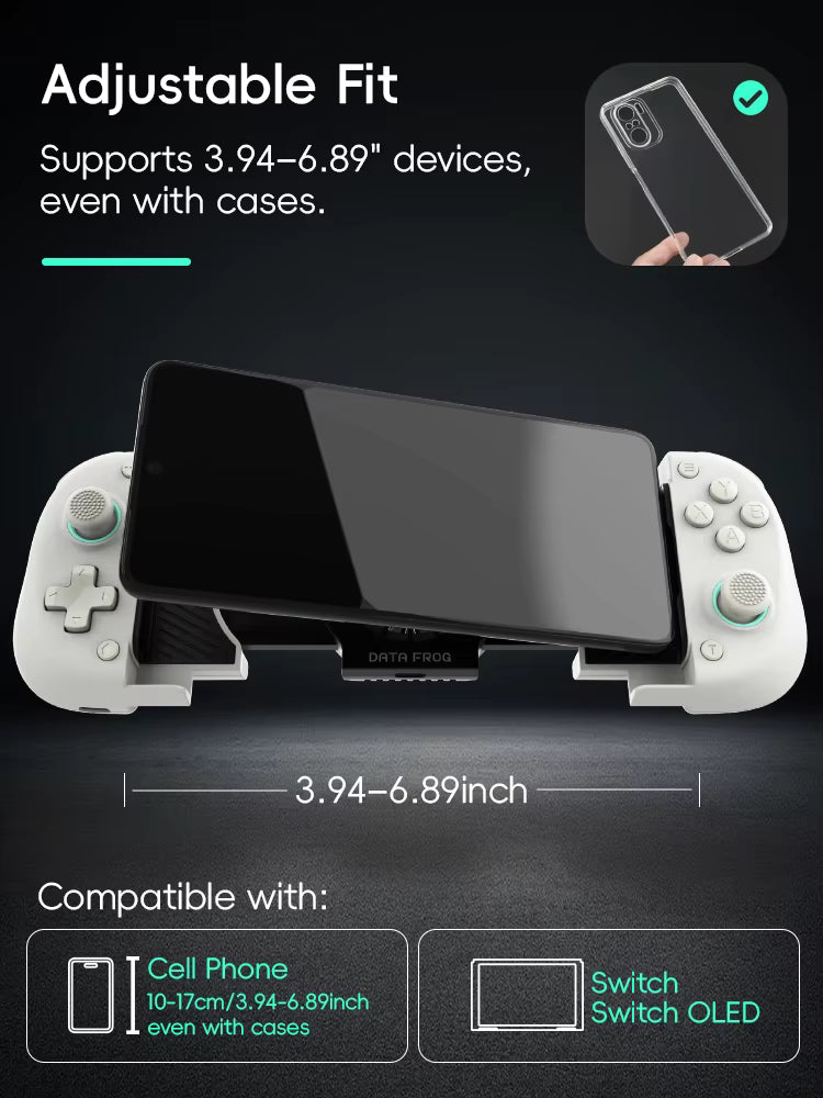 Data Frog adjustable‑fit gamepad holding smartphone, supports 3.94–6.89 inch devices including Switch OLED and phones with cases.