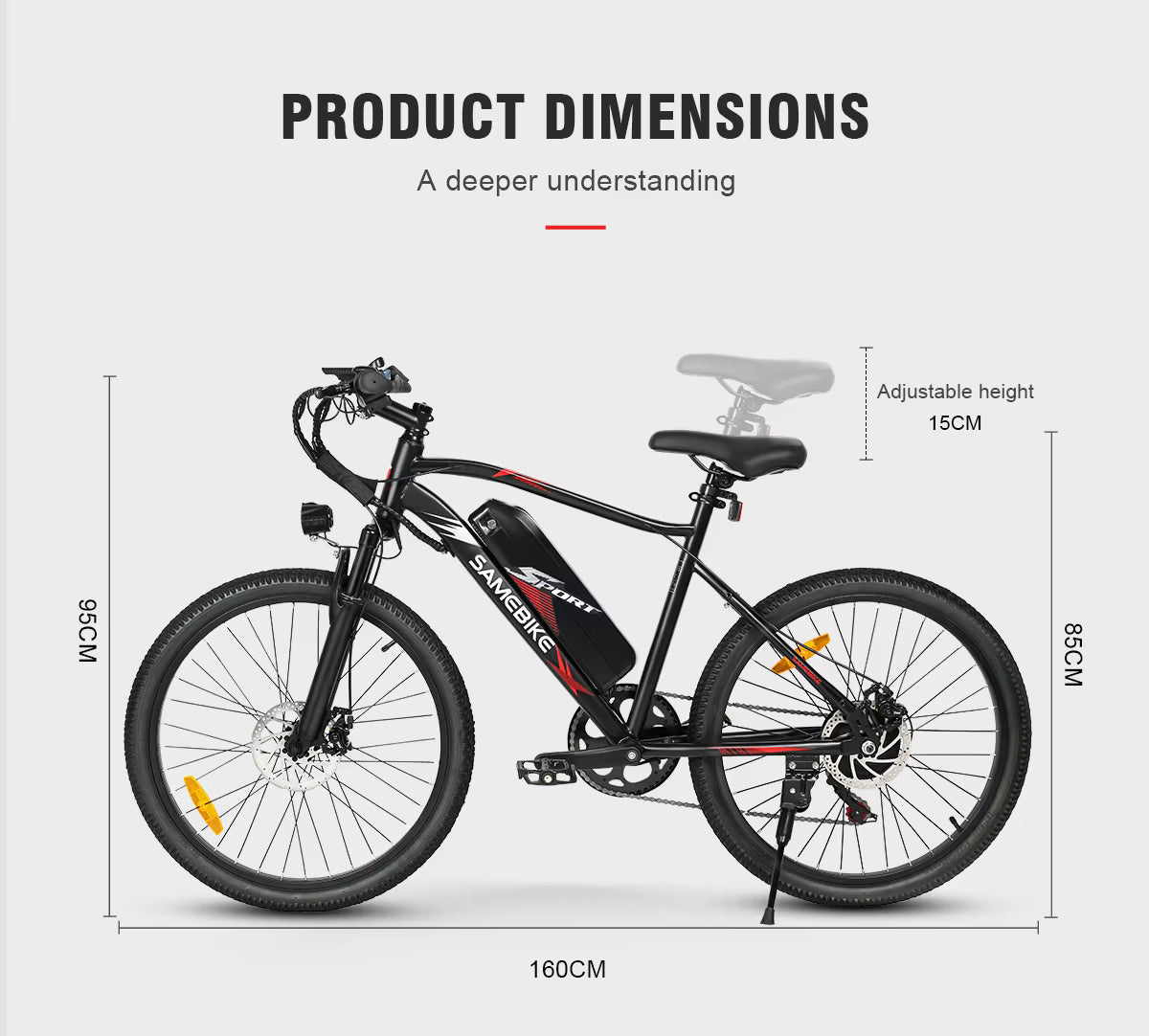 SAMEBIKE EBE2 E-Bike Electric bicycle with dimensions labeled on a white background