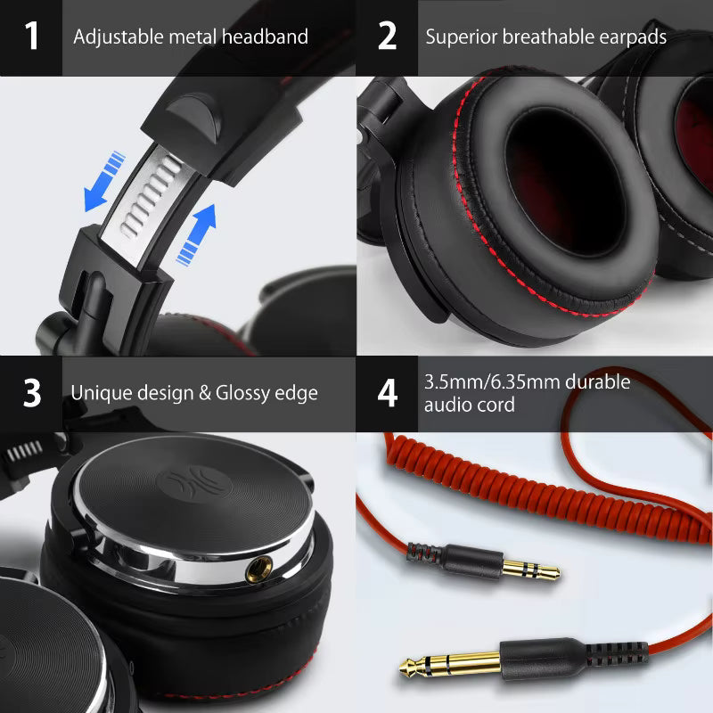 Headphones with adjustable headband, breathable earpads, glossy design, and durable audio cord on a white background.