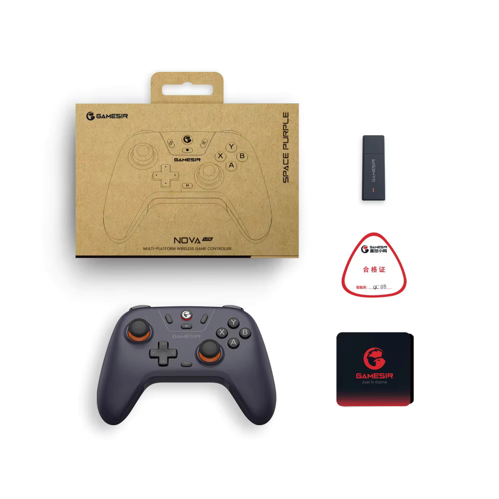 GameSir Nova Lite Wireless Controller packaging box with controller, USB receiver, and accessories