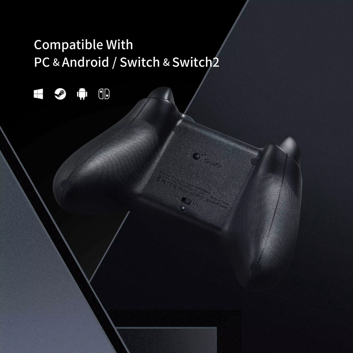 GuliKit ES Pro Controller rear view in matte black finish showing textured ergonomic grip. Promotional graphic highlights compatibility with PC, Android, Switch, and Switch 2 platforms, featuring Windows, Android, Bluetooth, and Nintendo Switch icons on a dark geometric background.