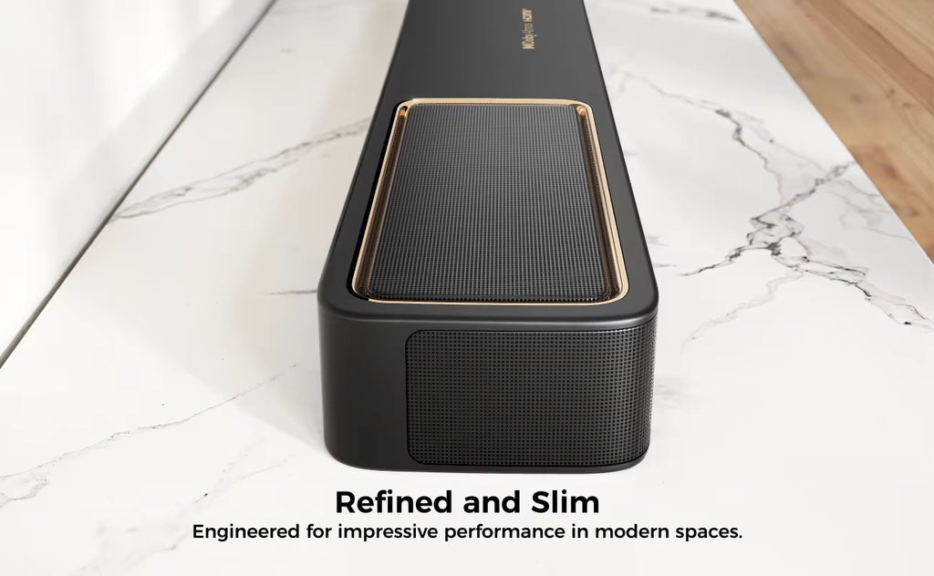 ULTIMEA Skywave F40 slim obsidian black soundbar housing with premium gold accents