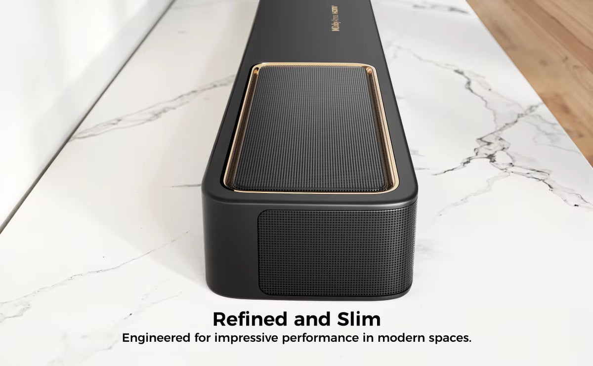 ULTIMEA Skywave F40 slim obsidian black soundbar housing with premium gold accents