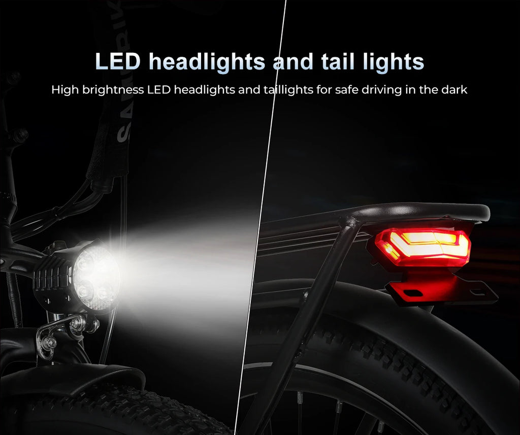 SAMEBIKE RS‑A01 PRO‑T Electric Bicycle with LED headlights and tail lights on a dark background