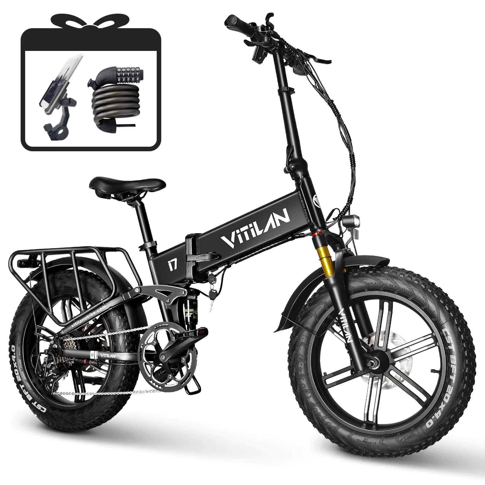 Black Vitilan i7 Pro 3.0 electric bike with Vitilan branding and accessories included insert on a white background