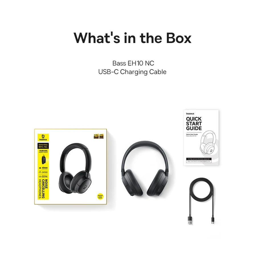 Baseus headphones with packaging, USB-C charging cable, and quick start guide on a white background