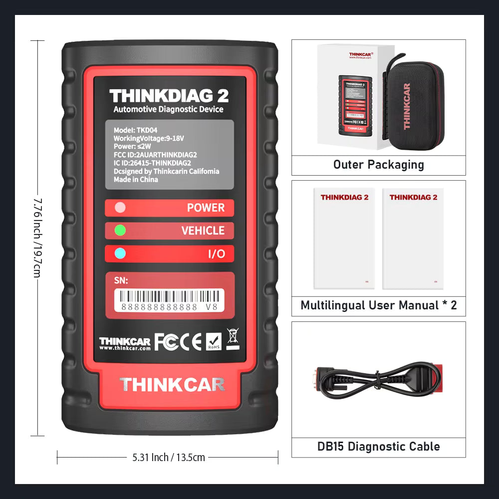 ThinkDiag 2 physical dimensions and included kit contents layout diagram
