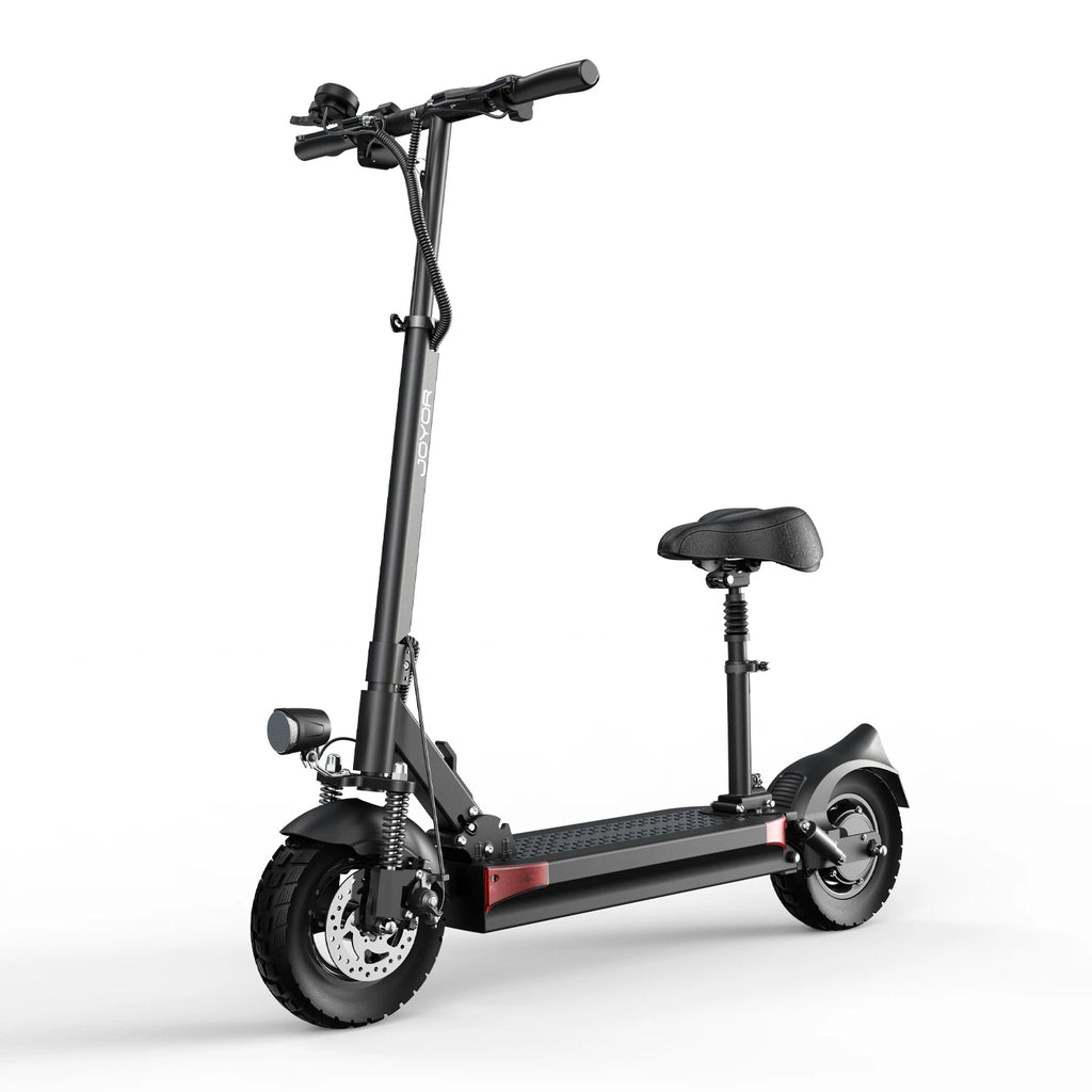 joyor y6-s electric scooter side view showing seat and rear wheel

