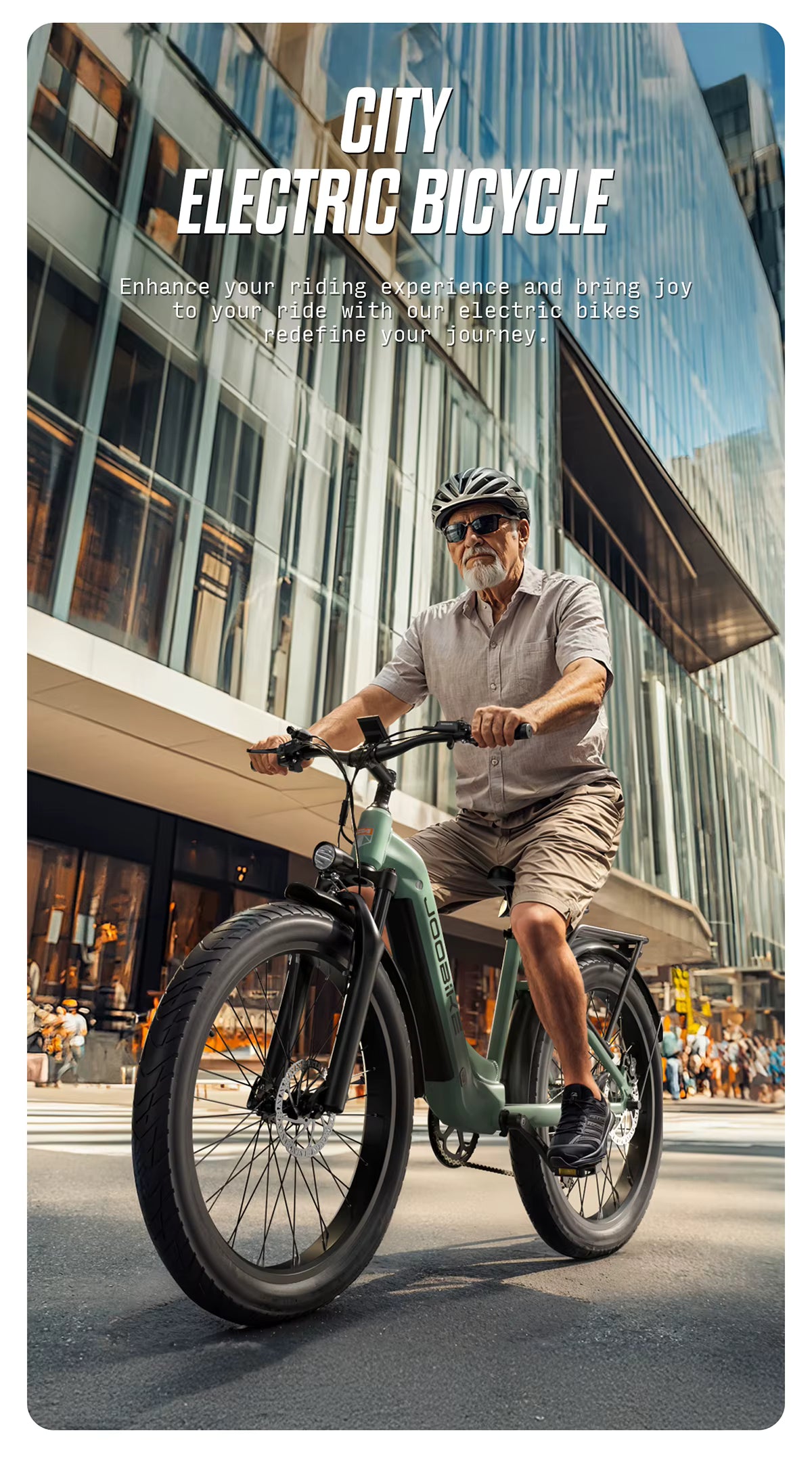 Man riding a JOOBIKE JOO1 city electric bicycle with modern buildings in the background
