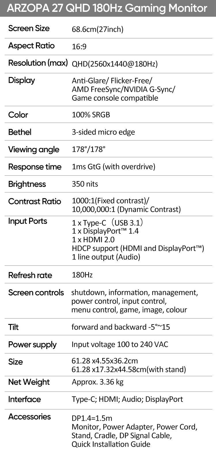 A text-heavy specification sheet for an ARZOPA QHD 180Hz Gaming Monitor, displaying dimensions, resolution, color, ports, and power details in a clean table format.