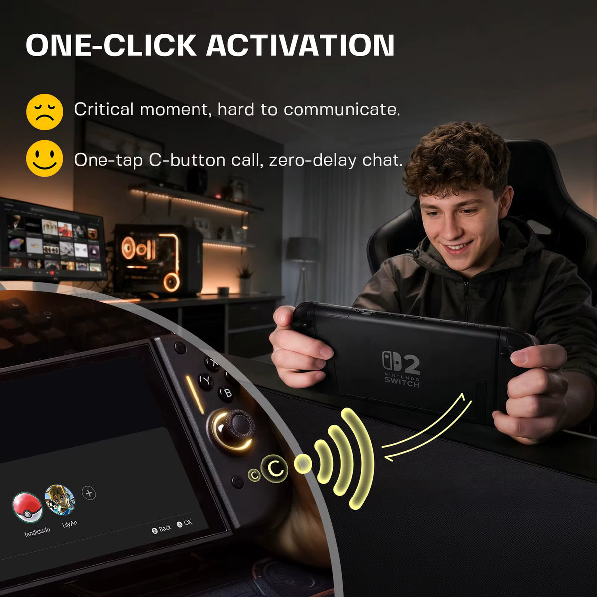 Smiling gamer sitting at a desk holding a handheld console labeled D2 Switch, demonstrating one‑click activation with a glowing C‑button for instant zero‑delay chat; inset shows console screen with user icons and wireless signal lines.