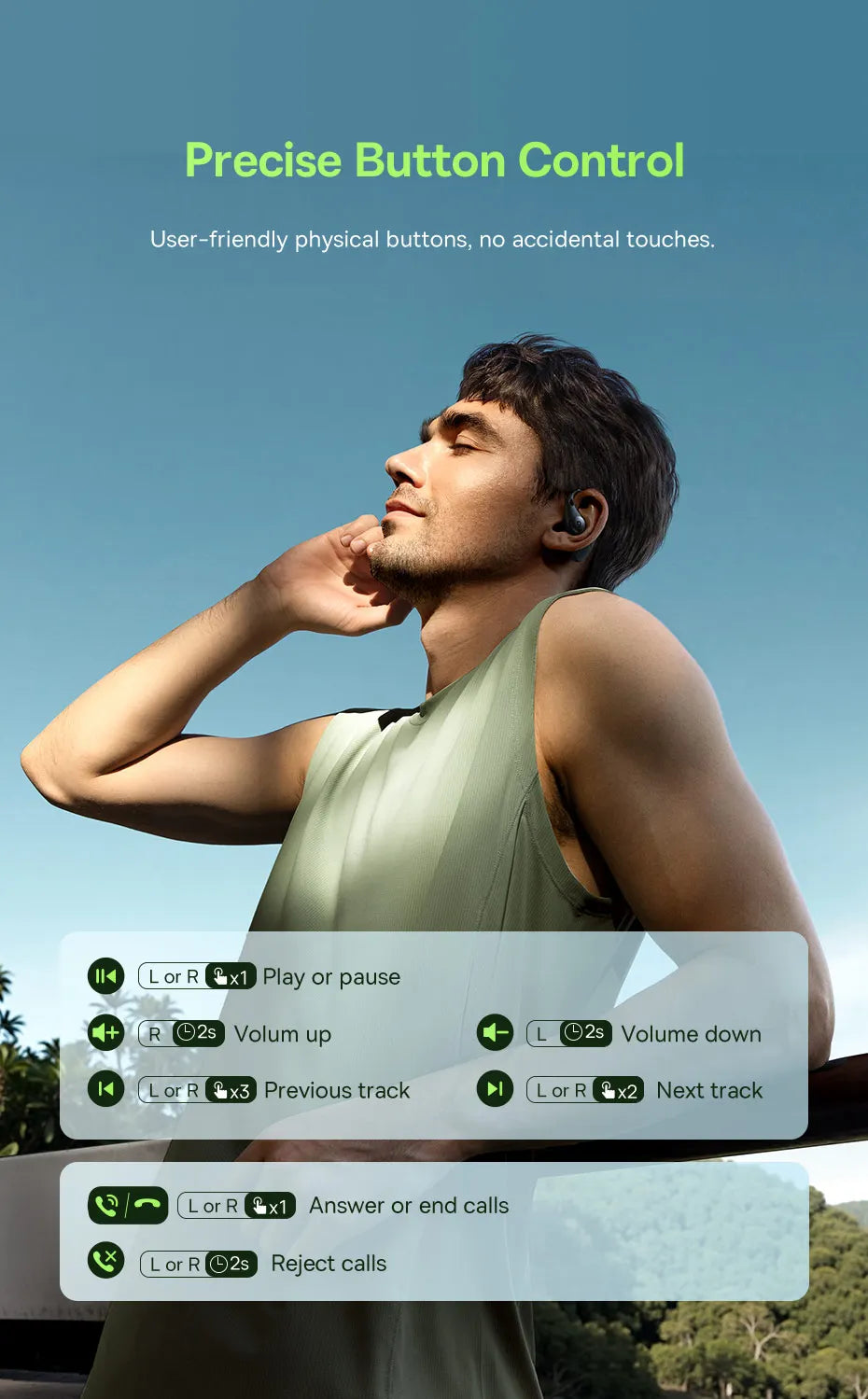 Man wearing wireless earbuds with a clear overlay of button controls against a blue sky background