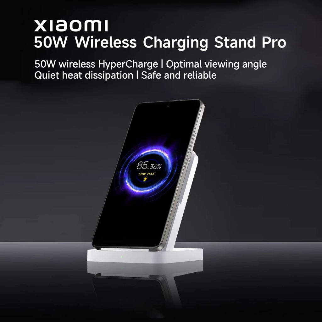 Smartphone fast charging on Xiaomi 50W Wireless Charging Stand Pro against obsidian background