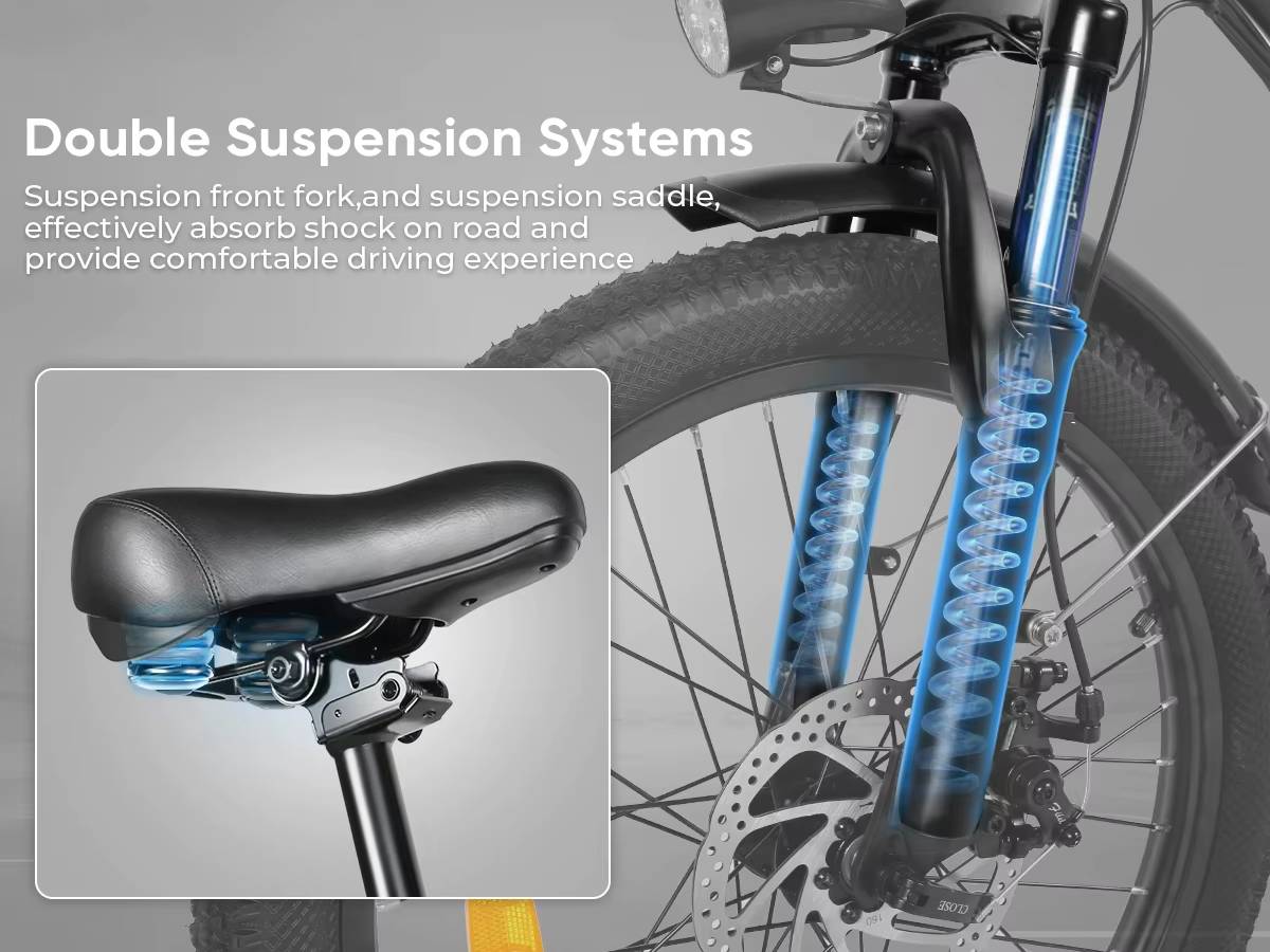 SAMEBIKE CY20 Electric Bicycle with double suspension system highlighting fork and seat on a gray background