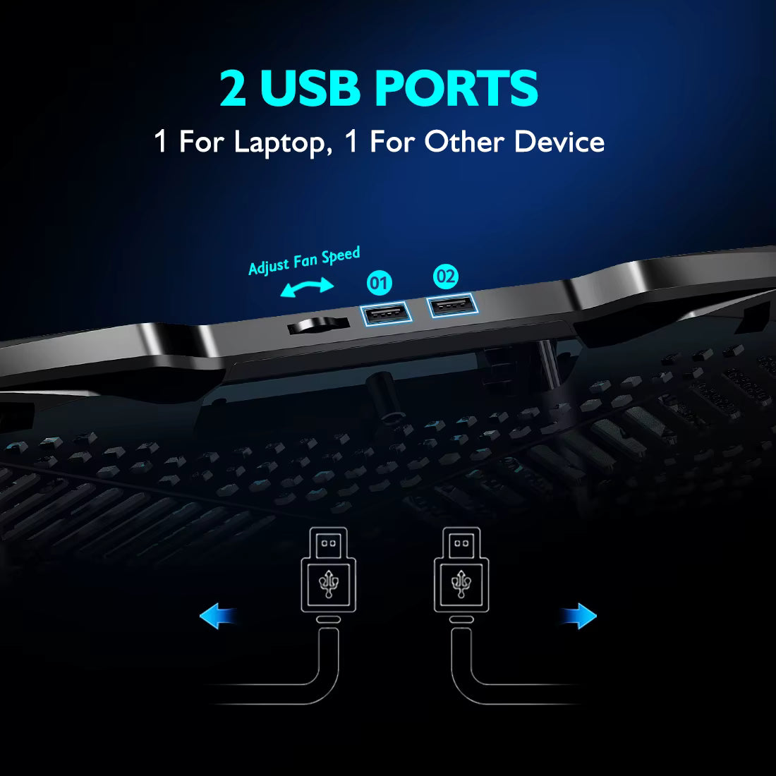 COOLCOLD F2PLUS Pro dual USB ports technical detail graphic showing pass-through power capability
