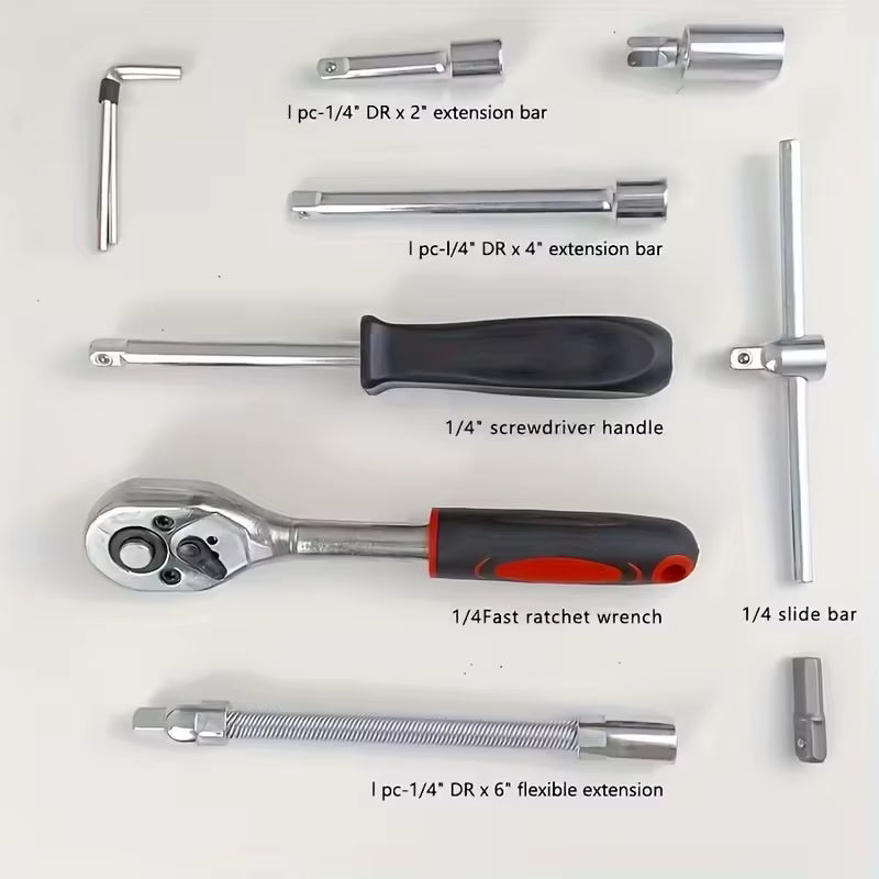 1/4 inch quick-release ratchet wrench, spinner handle, universal joint, and extension rods