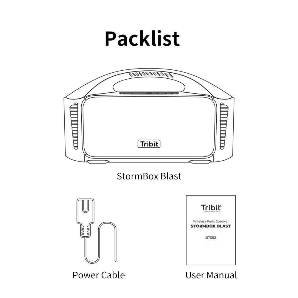 A black-and-white packlist graphic for the Tribit StormBox Blast speaker showing the headset outline, a power cable icon, and a user manual sheet on a plain white background.