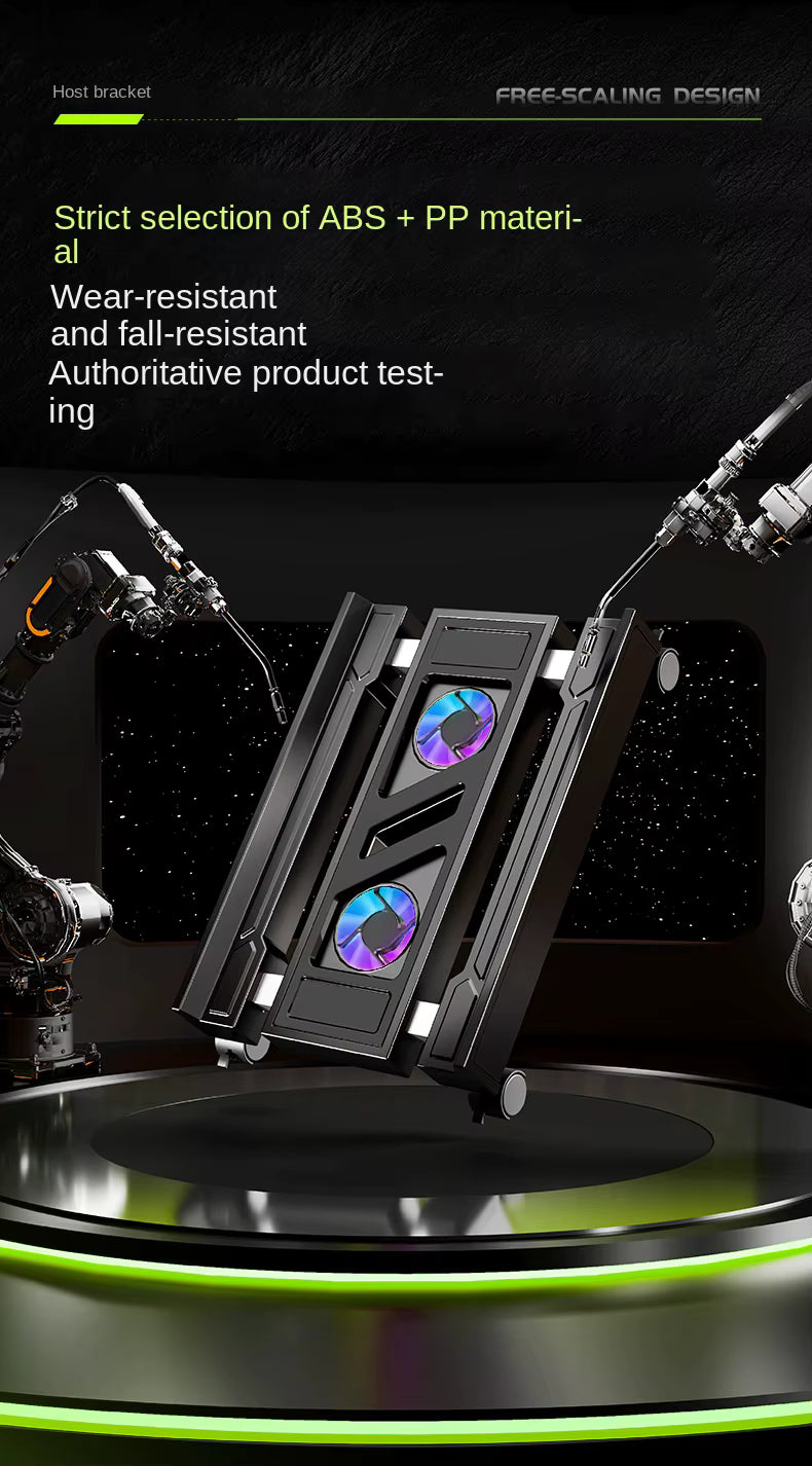 : BEISHI computer tower holder product feature overview graphic detailing dual cooling fans