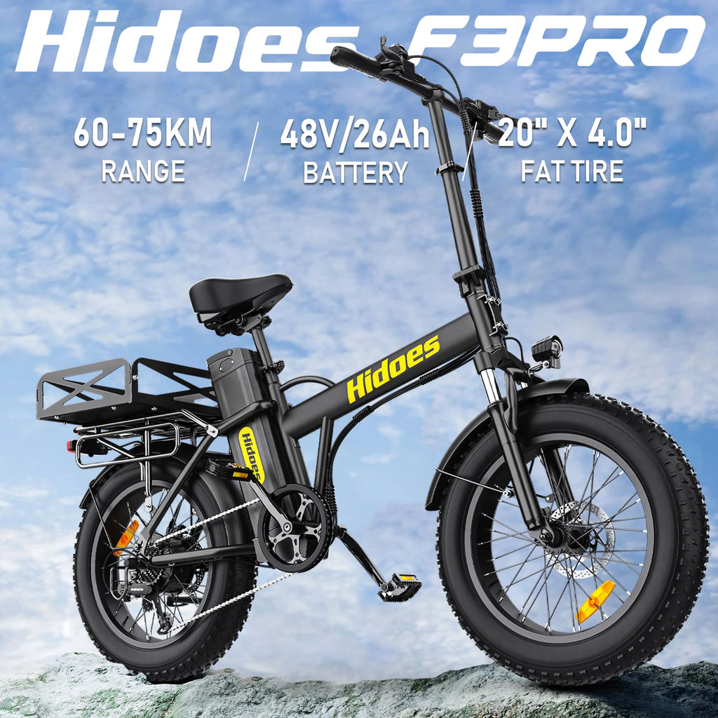 Hidoes HD-F3PRO electric bike with specifications on a blue sky background