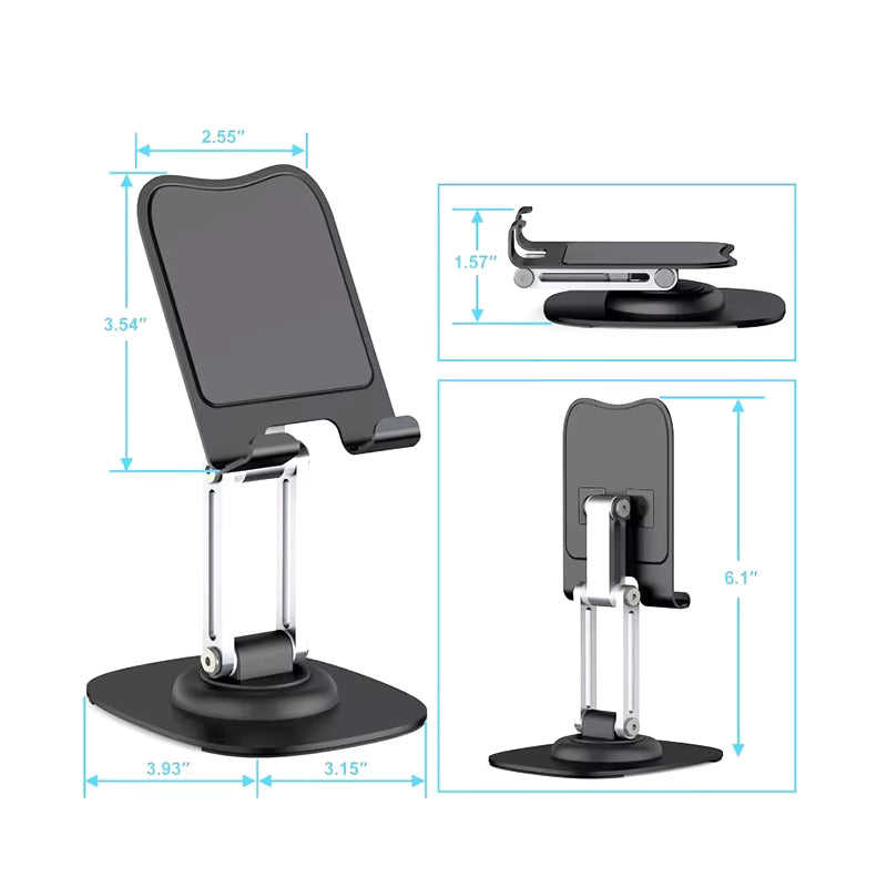 360° Rotation Portable Desktop Stand dimension and structural size breakdown graphic   