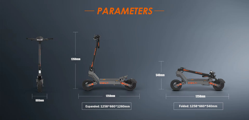 E-scooter with dimensions displayed on a dark background