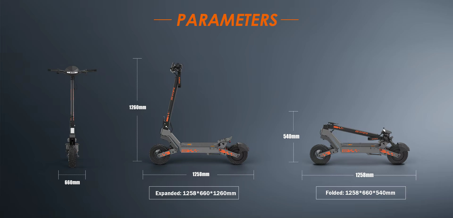 E-scooter with dimensions displayed on a dark background