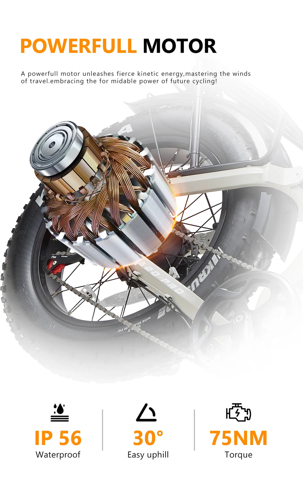 Electric Bicycle wheel with powerful motor and technical specifications on a white background