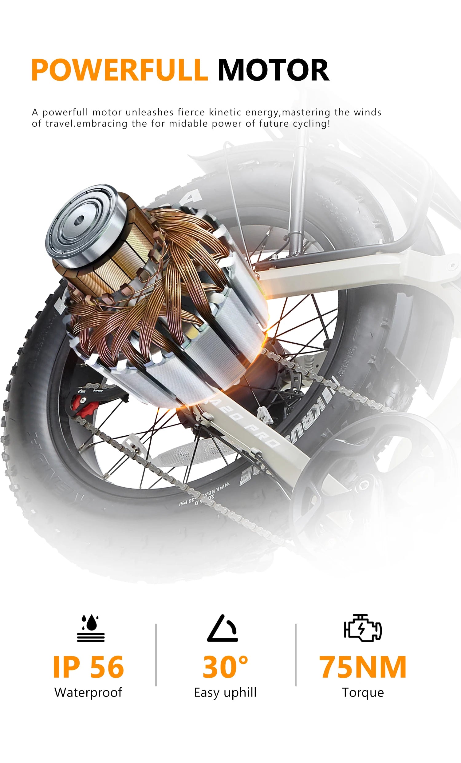 Electric Bicycle wheel with powerful motor and technical specifications on a white background