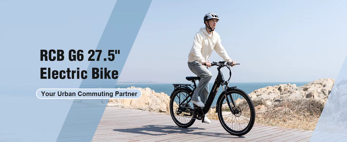 Rider actively cruising along a coastal wooden boardwalk on the RCB G6 electric bike