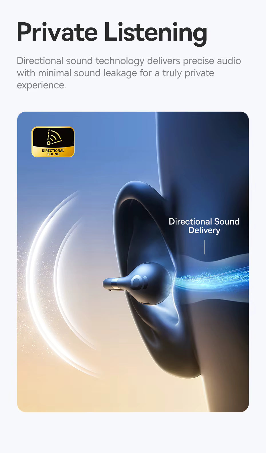 Promotional graphic for a directional sound earbud, featuring a stylized ear illustration with blue sound waves and a small gold badge reading 'Private Listening.' Text explains directional sound technology with minimal sound leakage.