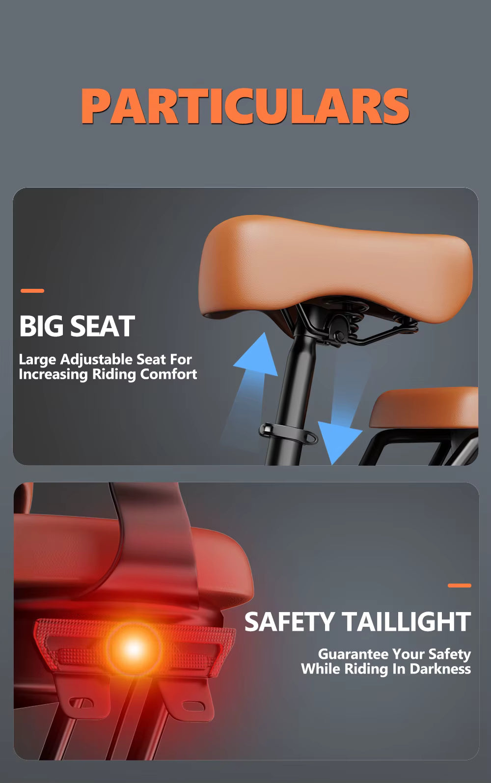 Bicycle seat and safety tailight with text on a gray background