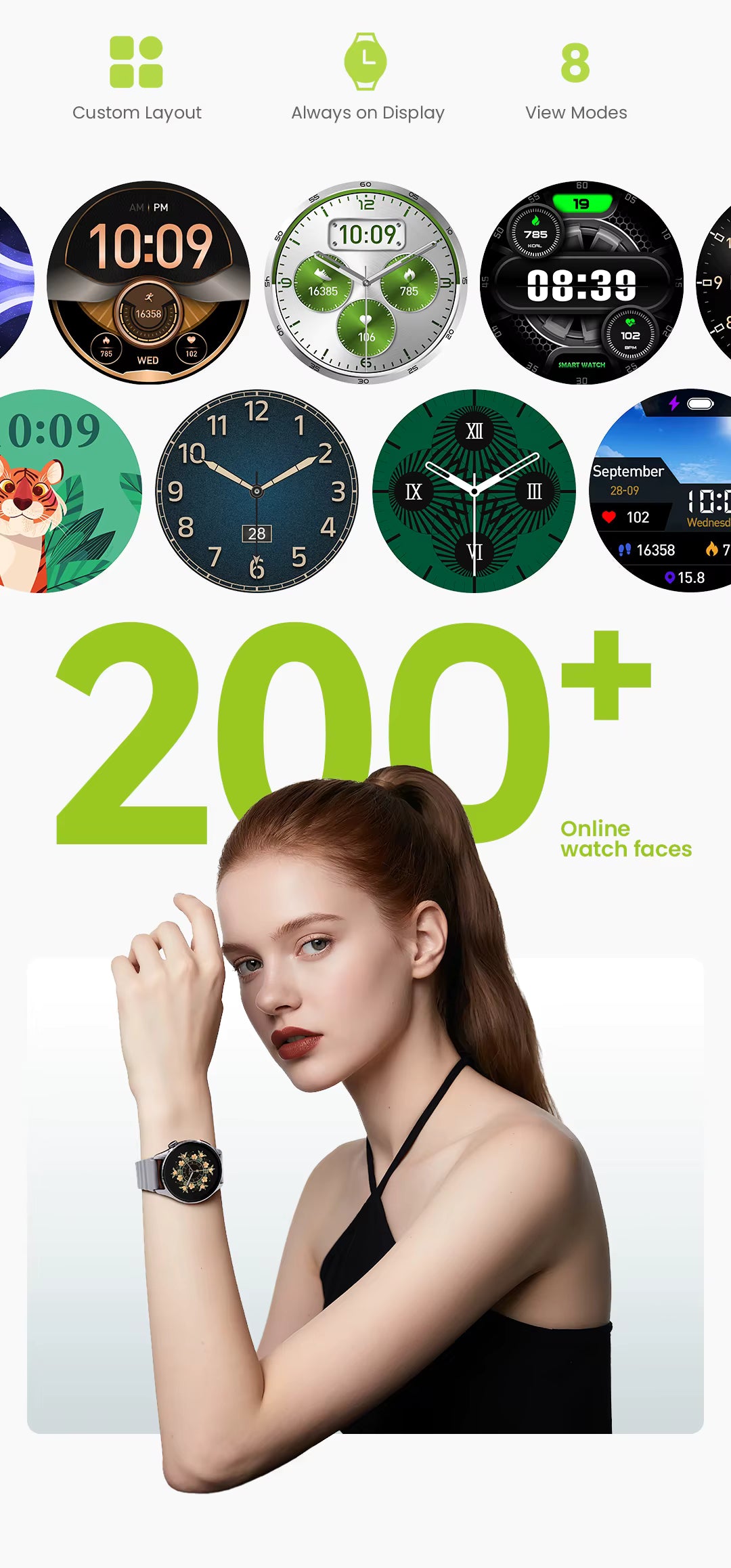 Display of various watch faces with a woman wearing a smartwatch, featuring 200+ online watch races.