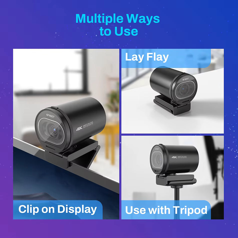 EMEET S600 4K web camera showing multiple mounting options: monitor clip, flat desk placement, and tripod mount | VARELO