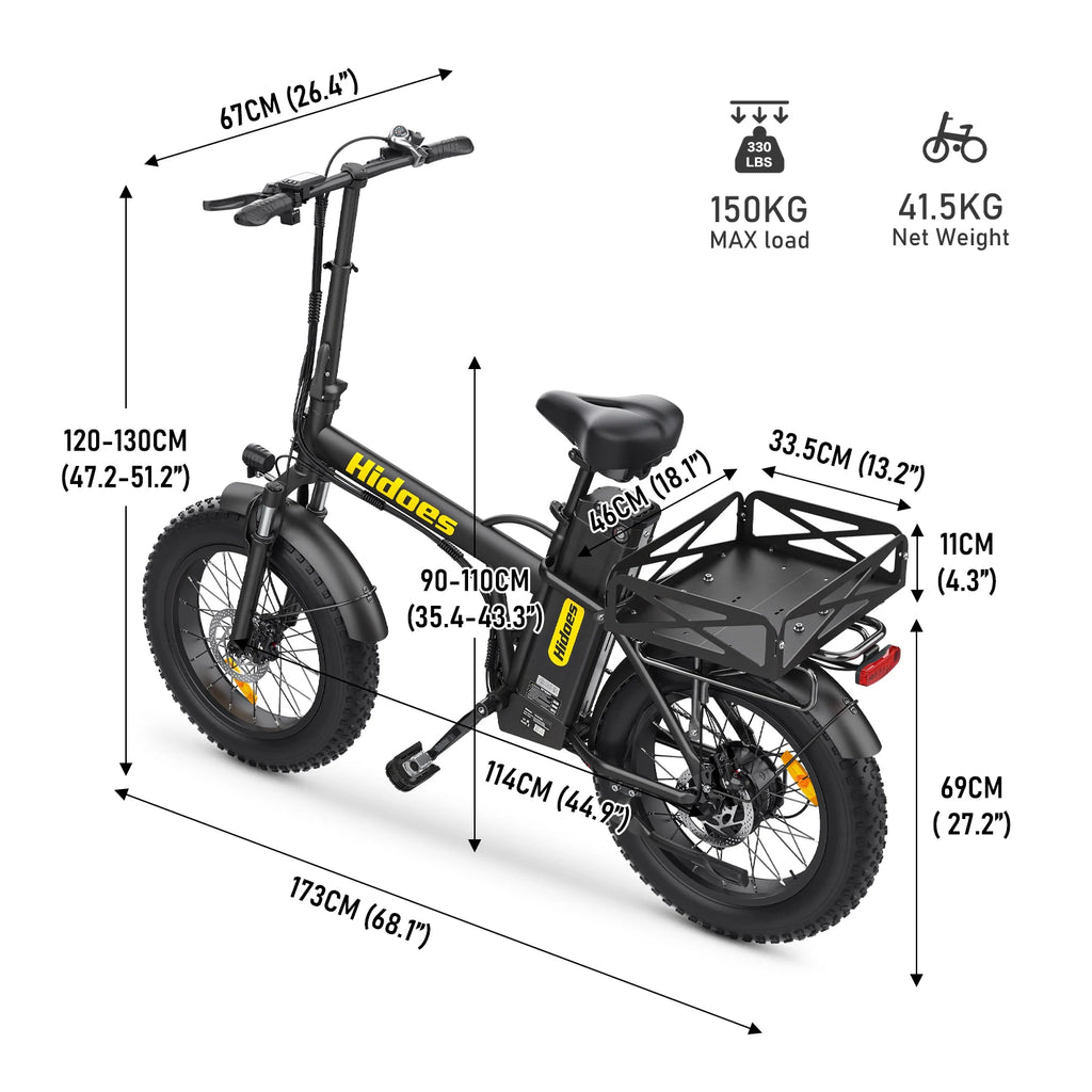 Hidoes HD-F3PRO electric bike with dimensions and specifications on a white background