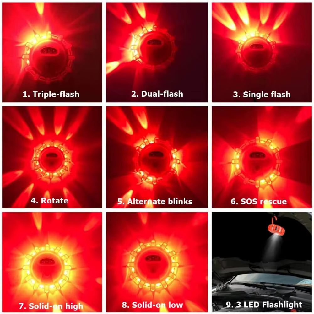 Grid showing 9 high-visibility red LED flashing strobe and SOS emergency signal light patterns for night-time vehicle breakdown safety